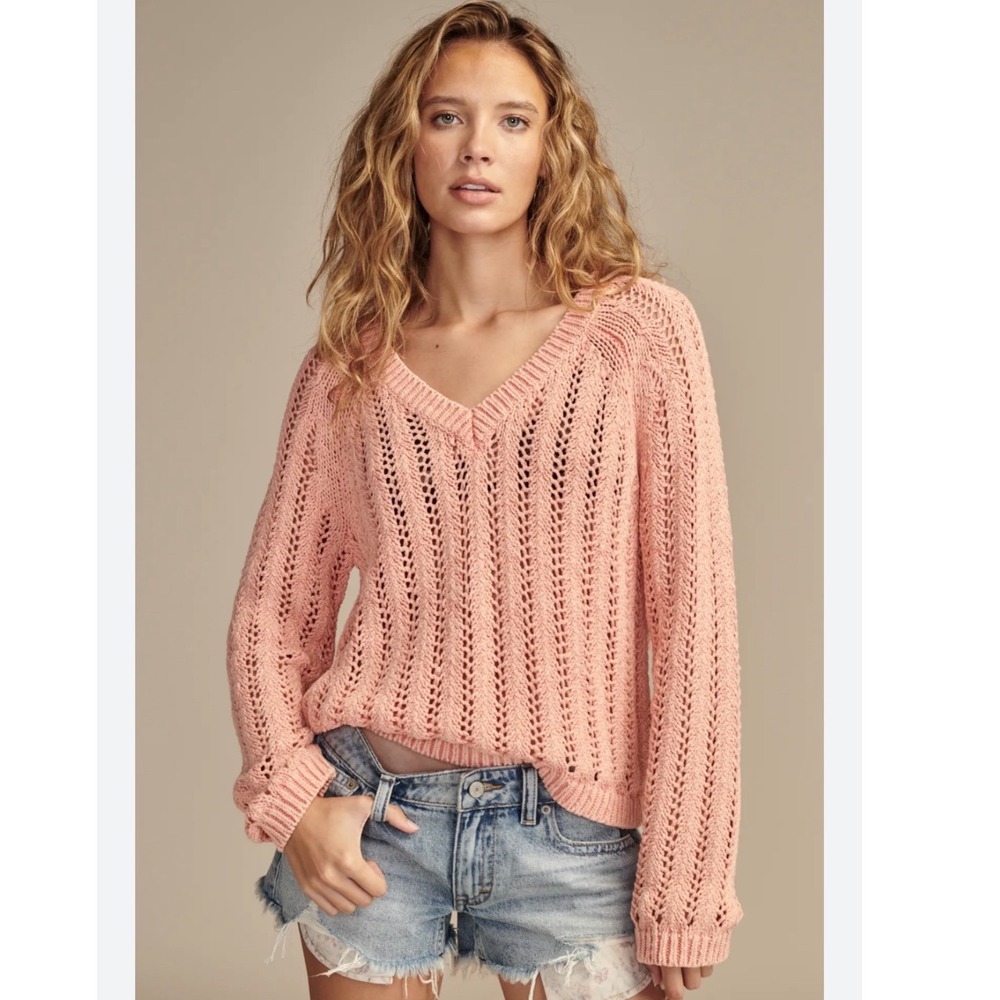 Open stitch pullover Lucky Brand NWT L blooming‎ dahlia boho pink V-neck sweater